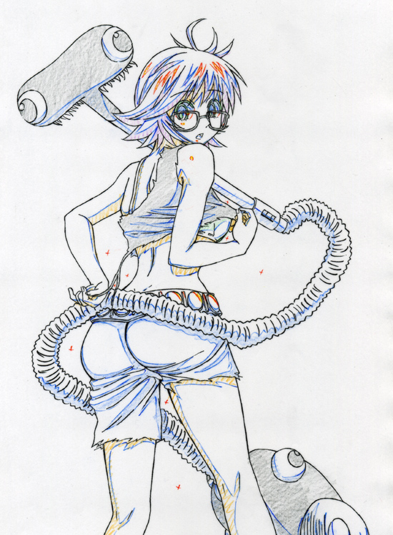glasses, hunter_x_hunter, midriff, shizuku_(hunter_x_hunter), short_hair, torn_clothes, tsuchu, vacuum_cleaner