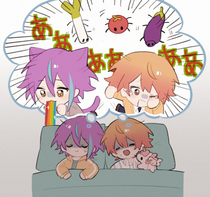 2boys, animal_ears, bag, black_necktie, blue_hair, cat_boy, cat_ears, cat_tail