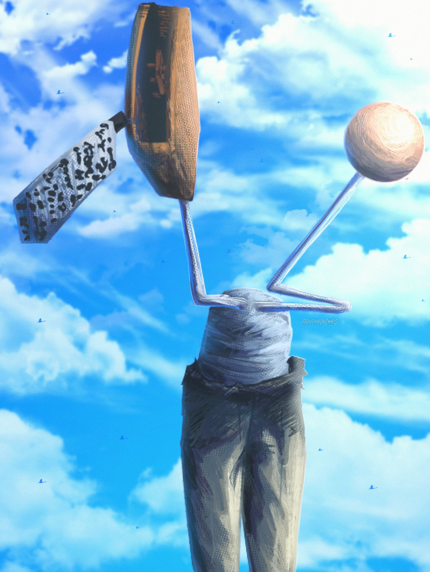 1boy, animal_print, bandages, blue_sky, clouds, dizzyrobchris, grey_pants, highres, holding, holding_knife, jujutsu_kaisen, knife, leopard_print, lower_body, male_focus, nanami_kento, pants, sky, solo, spoilers, vibraslap, weapon