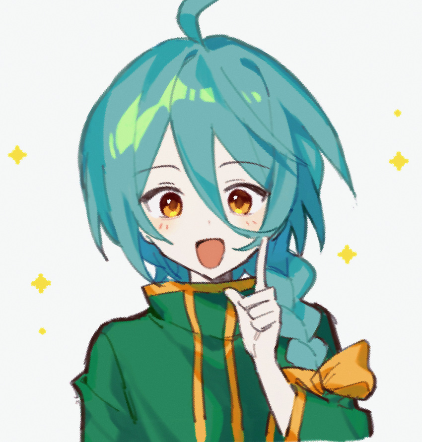 1boy, ashe_bradley, blue_hair, bow, braid, gelato1014, gold_trim, green_shirt, hair_between_eyes, hair_bow, hand_up, highres, long_sleeves, looking_at_viewer, male_focus, open_mouth, pale_skin, portrait, ring_finger_raised, shirt, side_braid, simple_background, single_braid, smile, solo, sparkle, white_background, witch's_heart, yellow_bow, yellow_eyes
