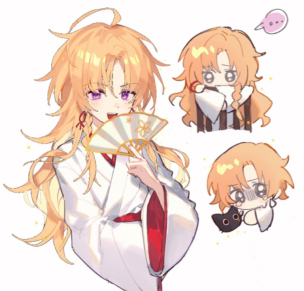 ..., 1boy, aibyou_sekai, blonde_hair, braid, braided_sidelock, chibi, folding_fan