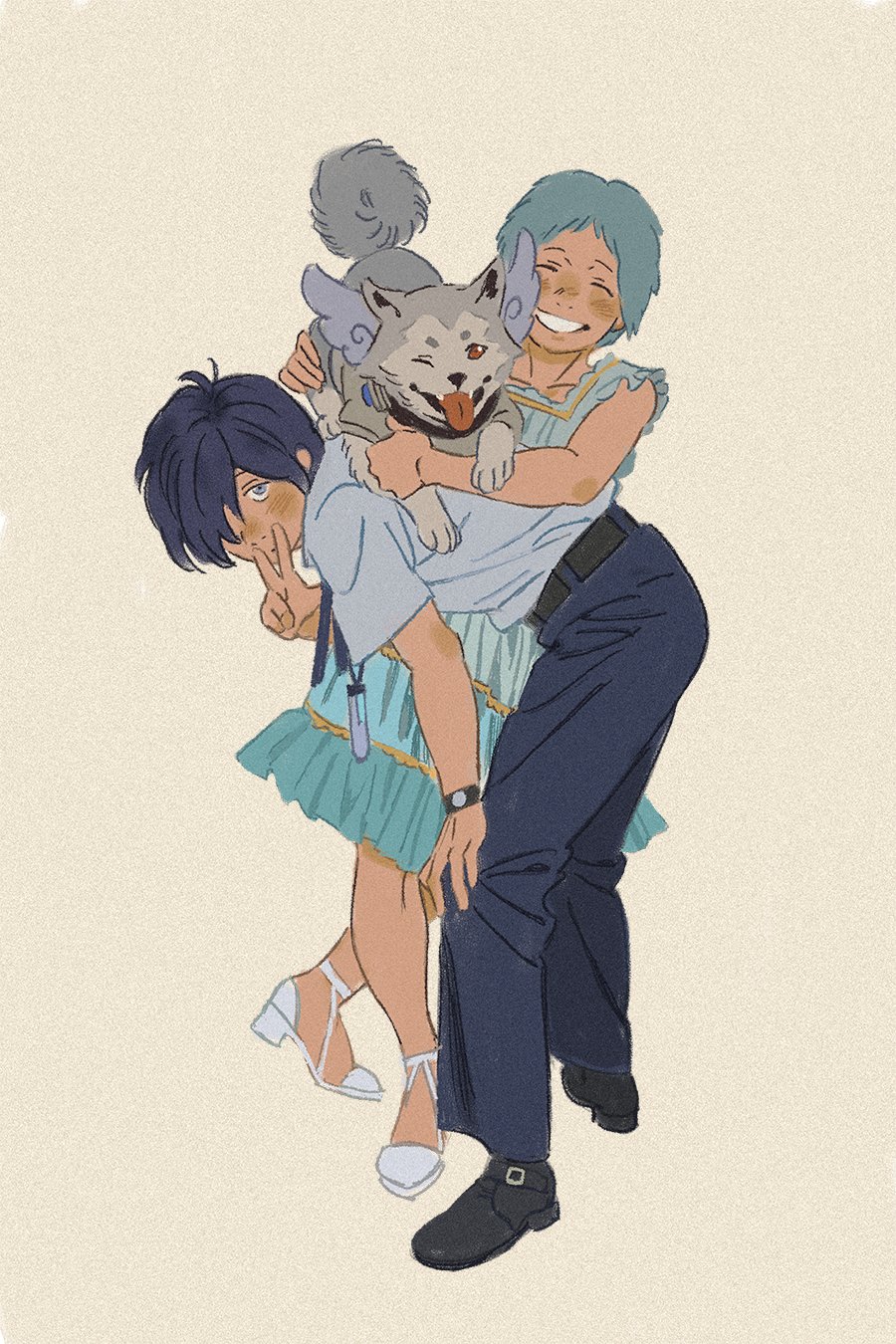 1boy, 1girl, amber389, animal, aqua_hair, belt, black_belt, black_footwear