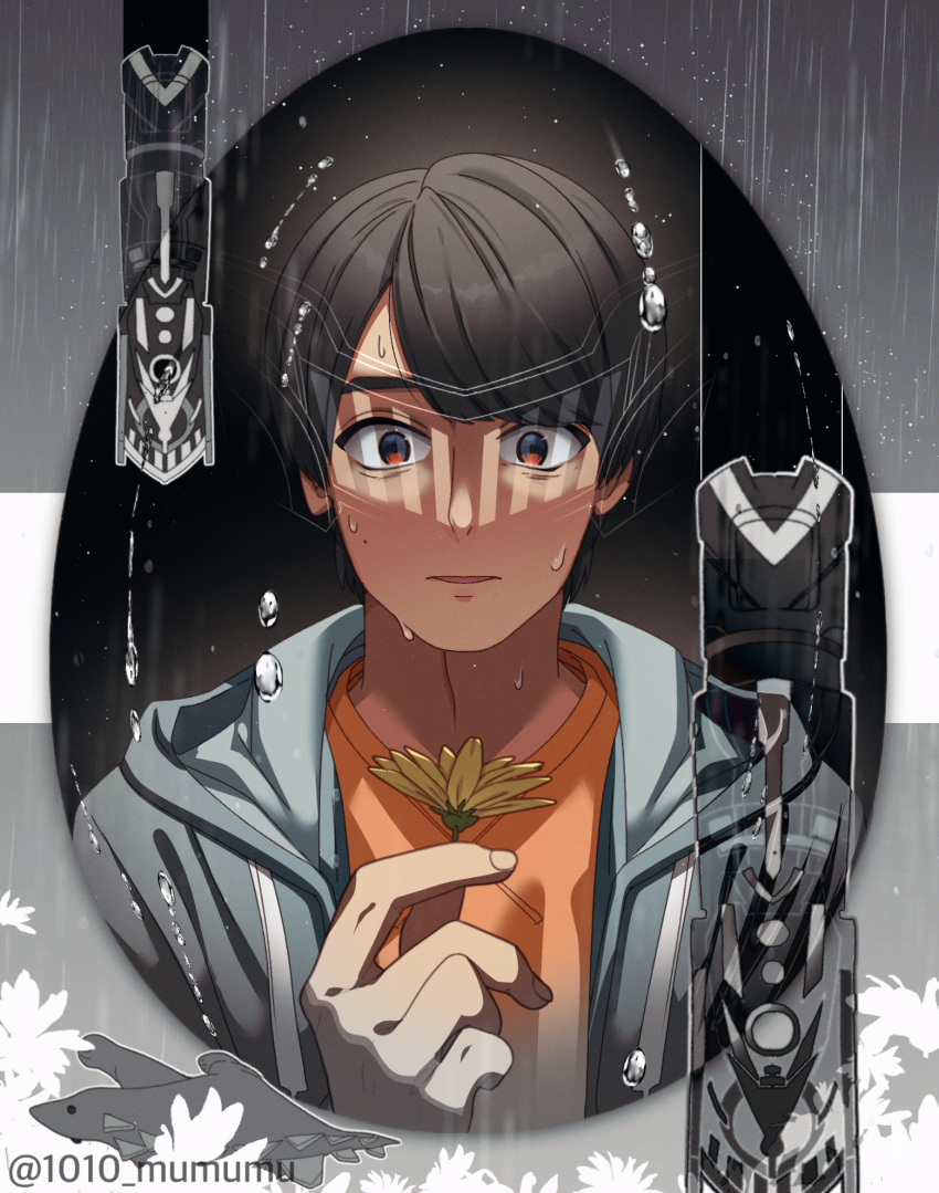 1010_mumumu, 1boy, animate_object, black_hair, brown_eyes, chemy, grey_jacket, highres