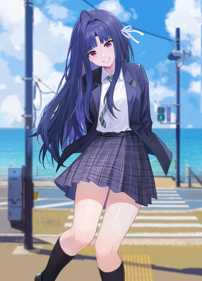 1girl, absurdres, arms_behind_back, awa_subaru, black_jacket, black_socks, blue_sky, clouds