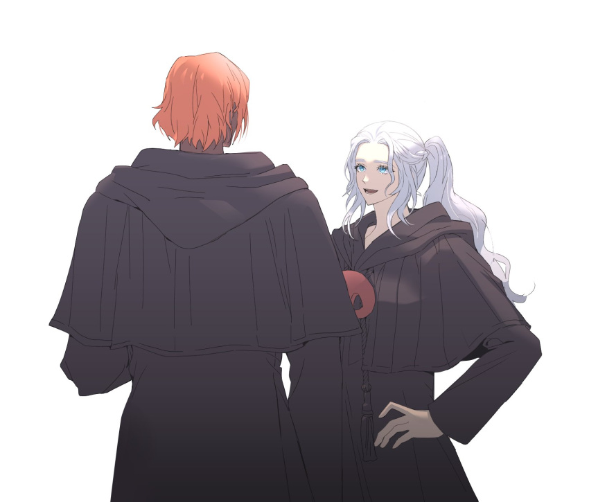 1boy, 1girl, aged_down, alternate_hairstyle, black_capelet, black_robe, blue_eyes, capelet