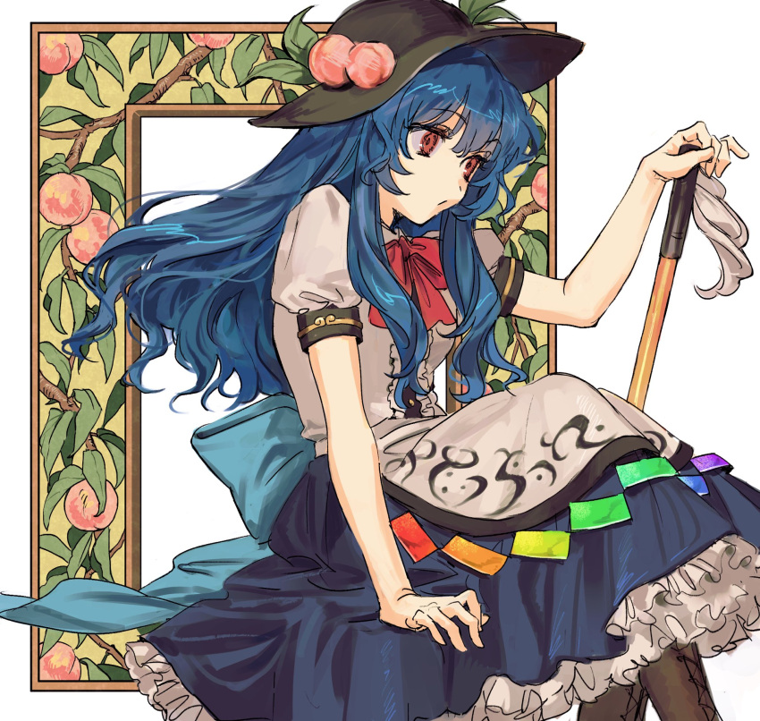 1girl, apron, back_bow, black_hat, blue_bow, blue_hair, blue_skirt, bow, bowtie, breasts, brown_footwear, frilled_skirt, frills, hat, highres, hinanawi_tenshi, holding, holding_sword, holding_weapon, kozukue_(estsuk), leaf_hat_ornament, long_hair, peach_hat_ornament, puffy_short_sleeves, puffy_sleeves, rainbow_order, red_bow, red_bowtie, red_eyes, shirt, short_sleeves, sidelocks, simple_background, sitting, skirt, small_breasts, solo, sun_hat, sword, sword_of_hisou, touhou, very_long_hair, waist_bow, weapon, white_apron, white_background, white_shirt