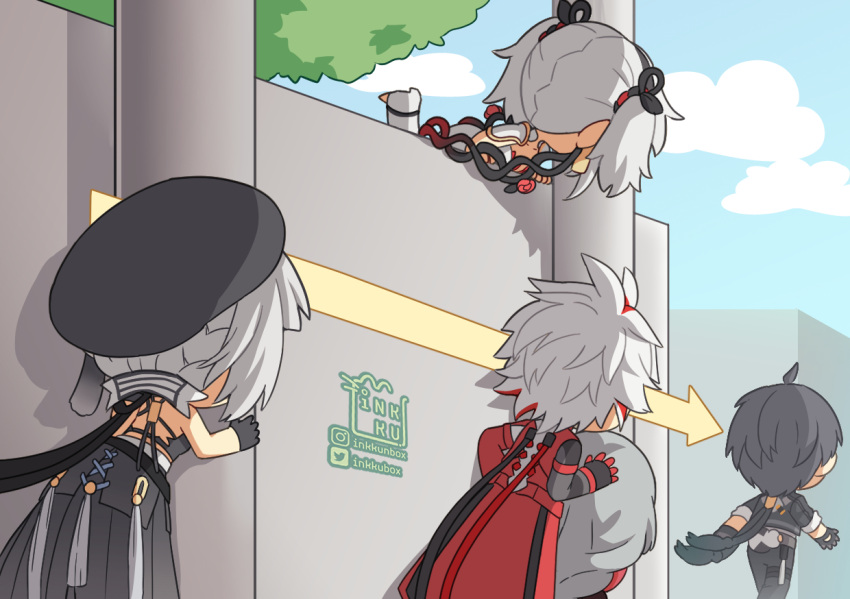 backless_outfit, beret, blue_sky, braid, camellya_(wuthering_waves), clouds, coat, fingerless_gloves, gloves, hair_ribbon, hat, inkku, jacket, multicolored_hair, pillar, red_coat, ribbon, rover_(wuthering_waves), sanhua_(wuthering_waves), scar_(wuthering_waves), sky, stalking, streaked_hair, tank_top, toeless_footwear, twintails, watermark, white_hair, wuthering_waves