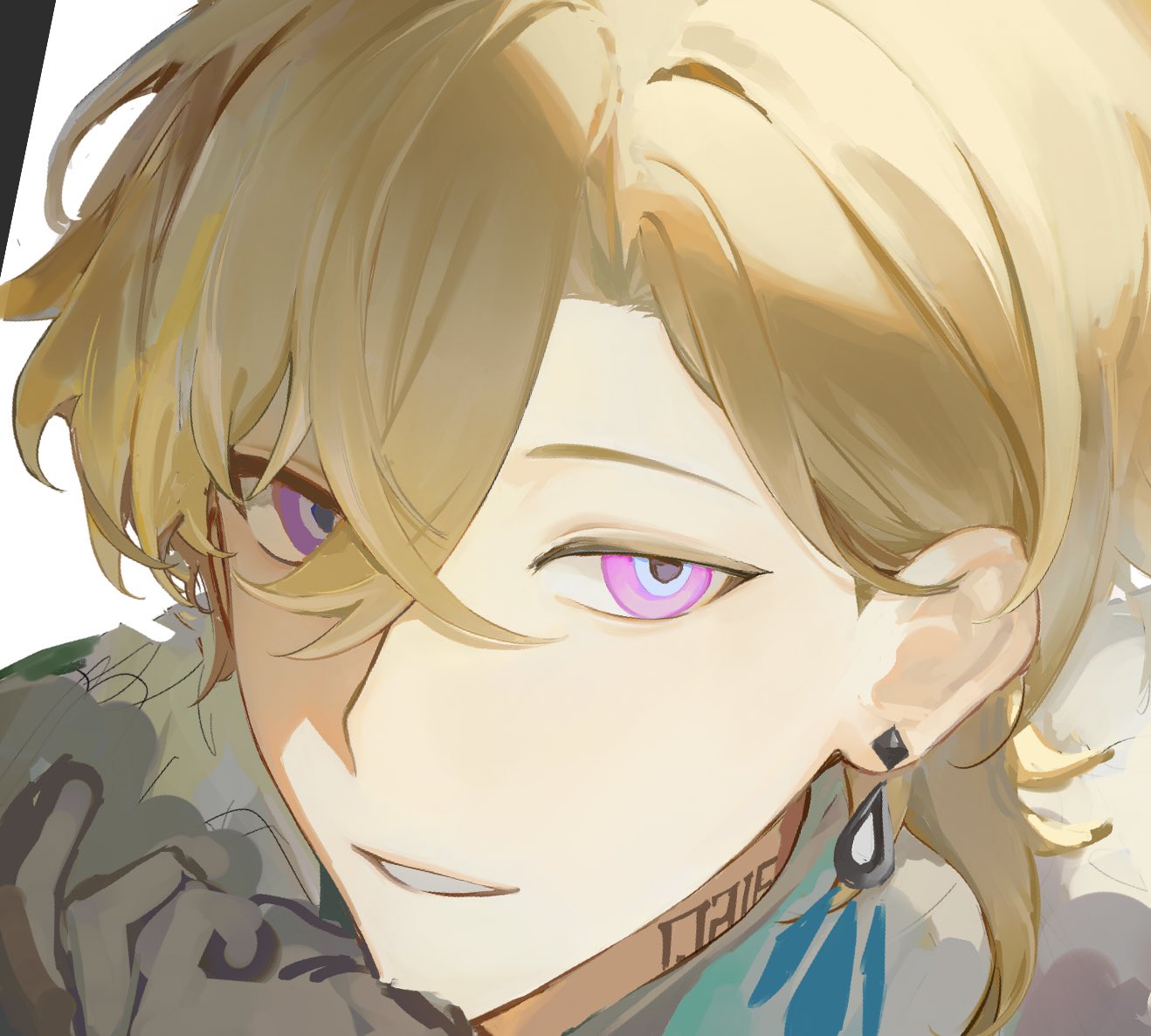 1boy, aventurine_(honkai:_star_rail), blonde_hair, close-up, earrings, grin, hair_between_eyes, honkai:_star_rail