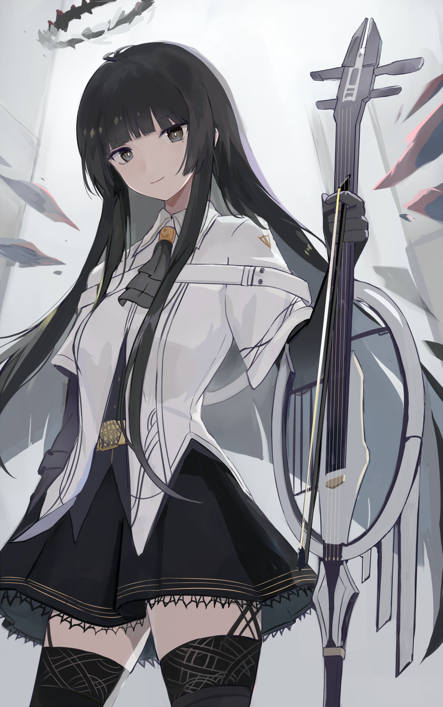 1girl, arknights, ascot, belt_buckle, black_eyes, black_garter_straps, black_gloves, black_hair