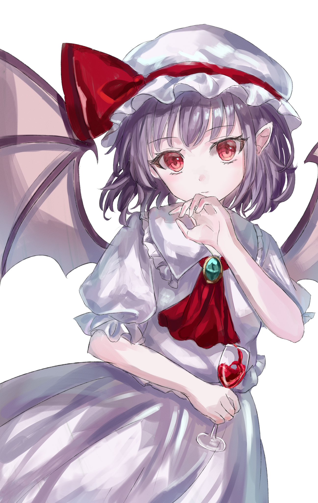 1girl, ambiguous_red_liquid, ascot, bat_wings, brooch, dress, highres, jewelry