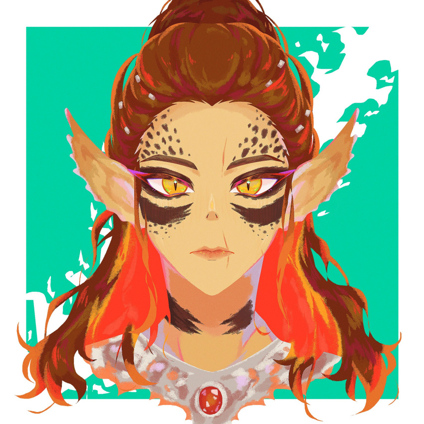 1girl, baldur's_gate, baldur's_gate_3, border, brown_hair, colored_inner_hair, colored_skin, dungeons_&amp;_dragons, expressionless, facial_mark, facial_tattoo, gith_(dungeons_&amp;_dragons), green_background, hair_bun, highres, lae'zel, looking_at_viewer, medium_hair, multicolored_hair, orange_hair, outside_border, pointy_ears, portrait, scar, scar_on_face, scar_on_forehead, scar_on_mouth, simple_background, single_hair_bun, slit_pupils, solo, straight-on, tattoo, torippi_(tadanotoribird), two-tone_hair, white_border, yellow_eyes, yellow_skin