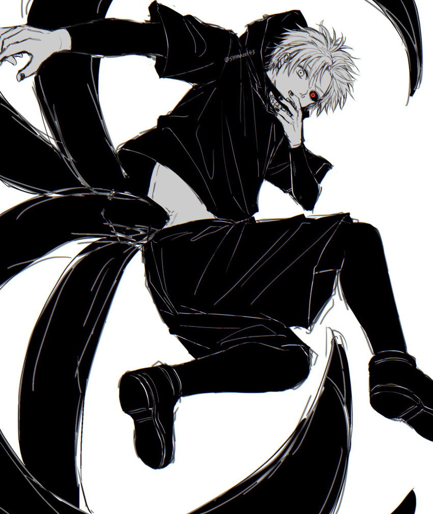 1boy, black_footwear, black_jacket, black_nails, black_pants, glowing, glowing_eye, heterochromia