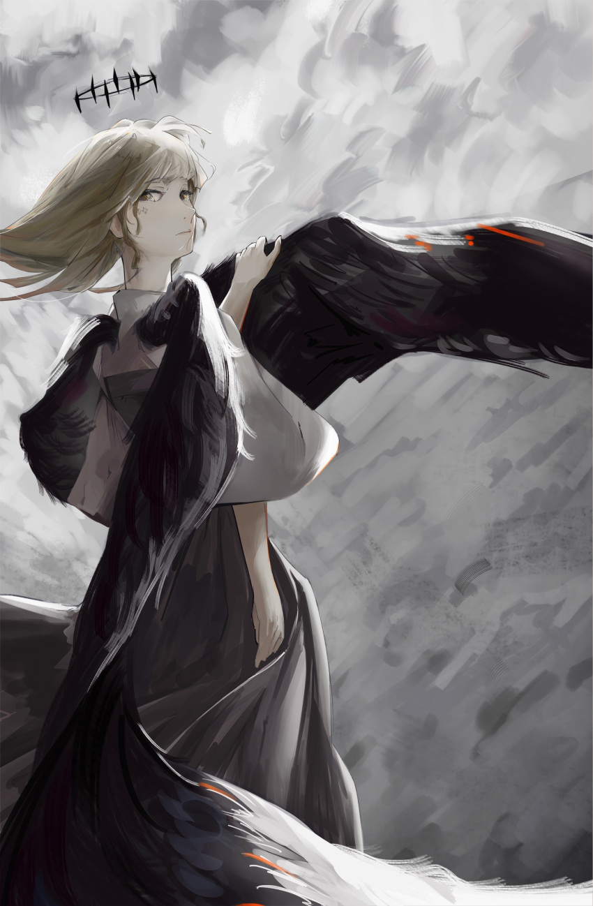 angel, angel_wings, black_crown_(object), black_halo, black_wings, blonde_hair, choujin_x, clouds