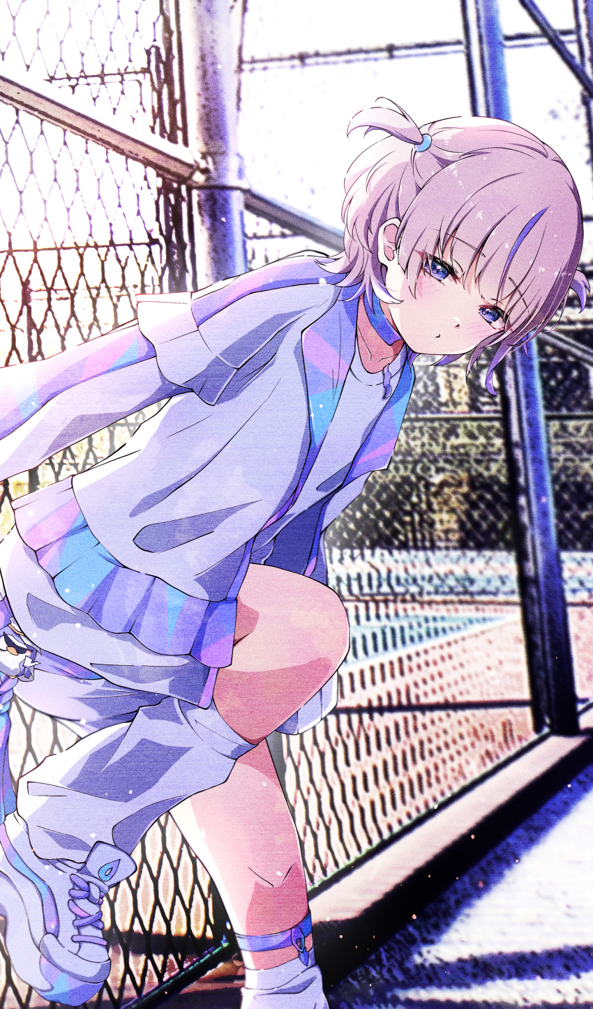 1girl, absurdres, against_fence, blonde_hair, choker, fence, highres, hololive