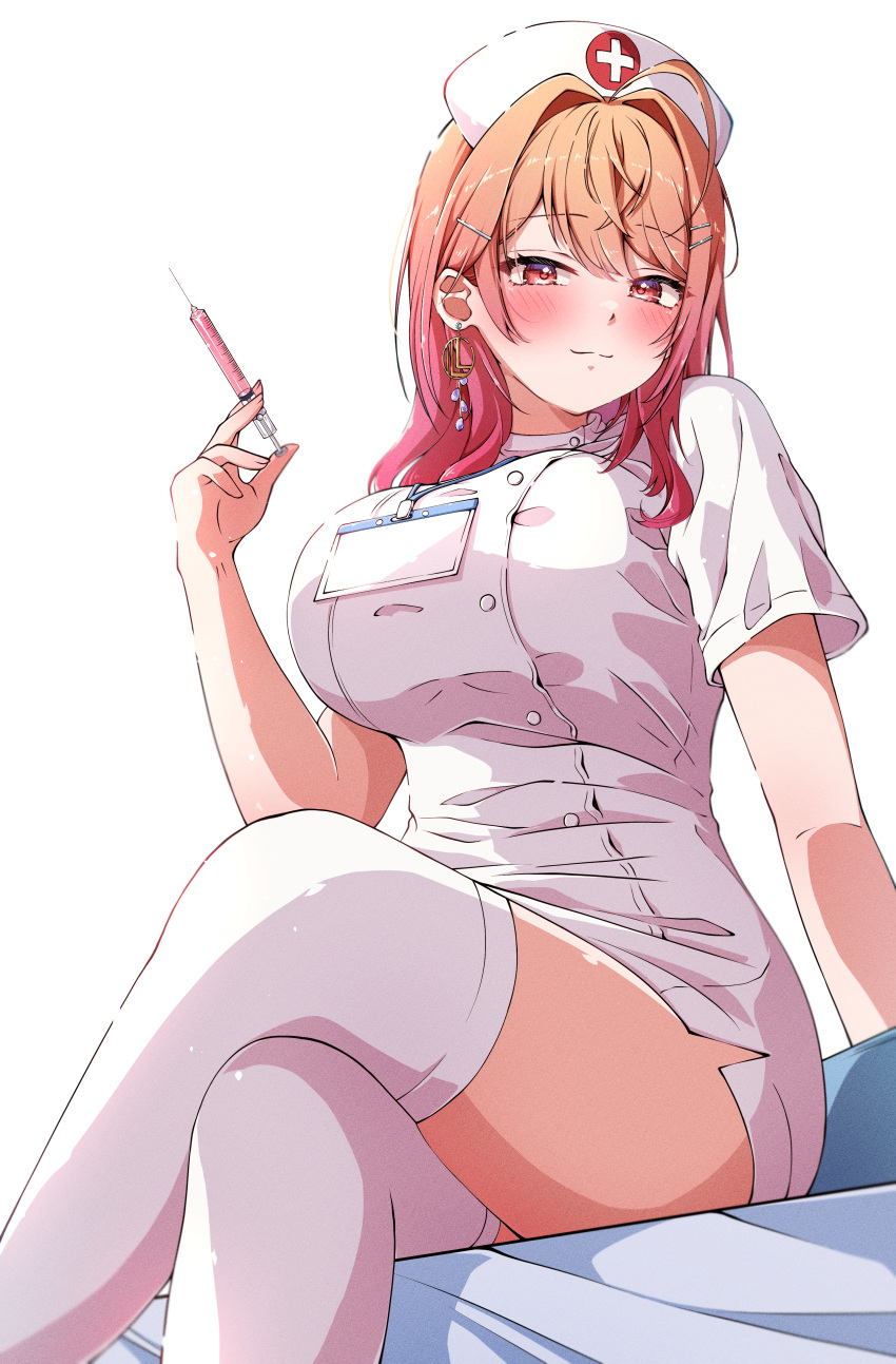 1girl, absurdres, ahoge, blush, breasts, commission, crossed_legs, earrings