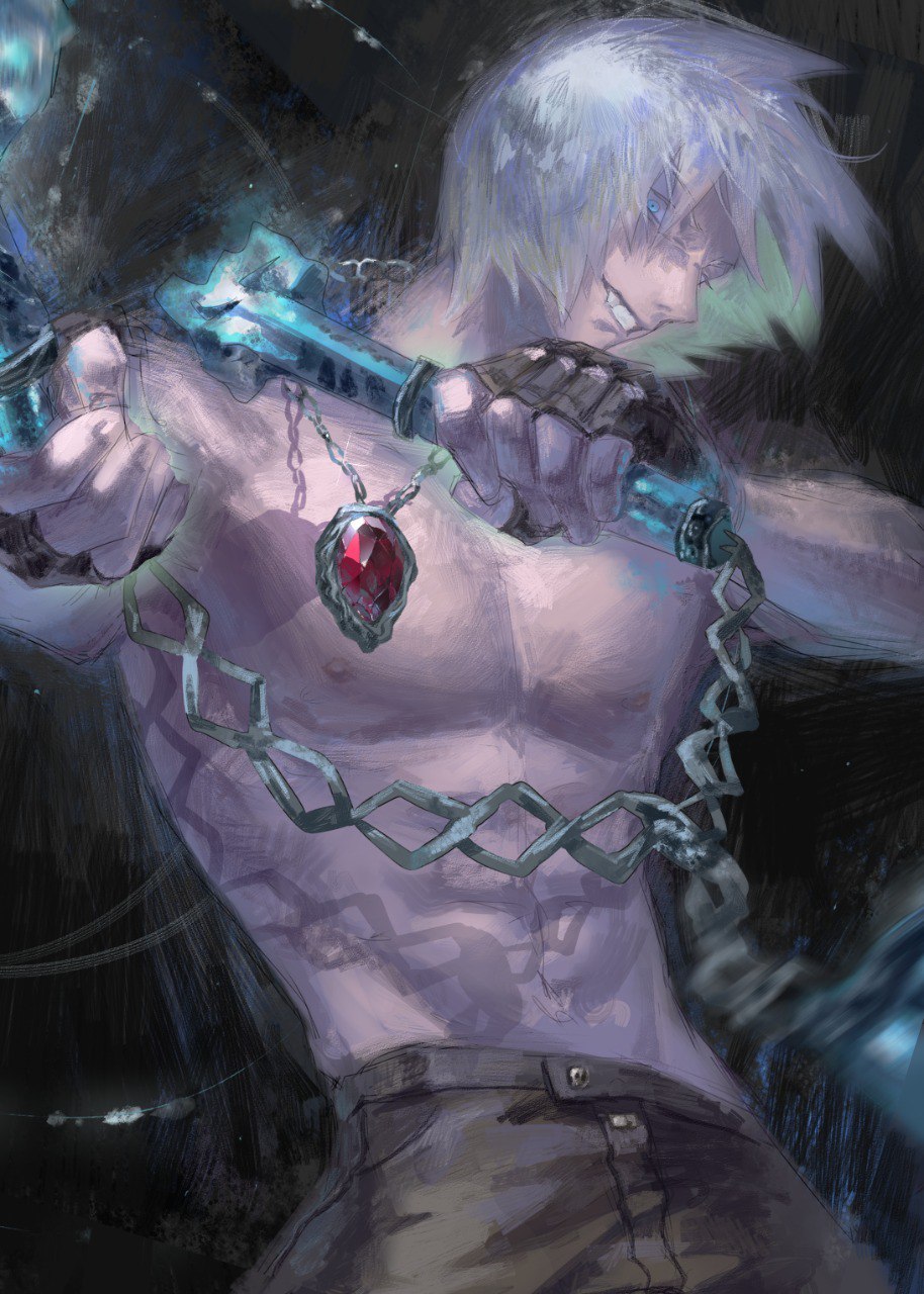 1boy, abs, black_gloves, blue_eyes, dante_(devil_may_cry), devil_may_cry_(series), devil_may_cry_3, fang, fingerless_gloves, gloves, higan1113557, highres, holding, jewelry, looking_at_viewer, male_focus, mature_male, muscular, muscular_male, necklace, realistic, smile, solo, topless_male, weapon, white_hair