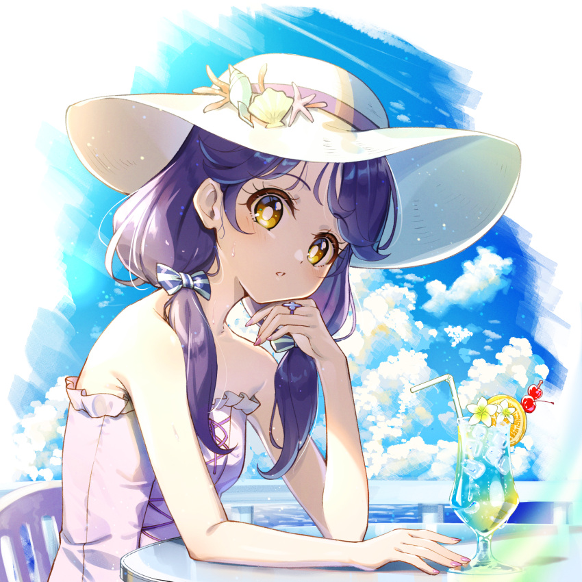 1girl, bare_shoulders, blue_sky, bow, chair, clouds, cloudy_sky, commentary_request