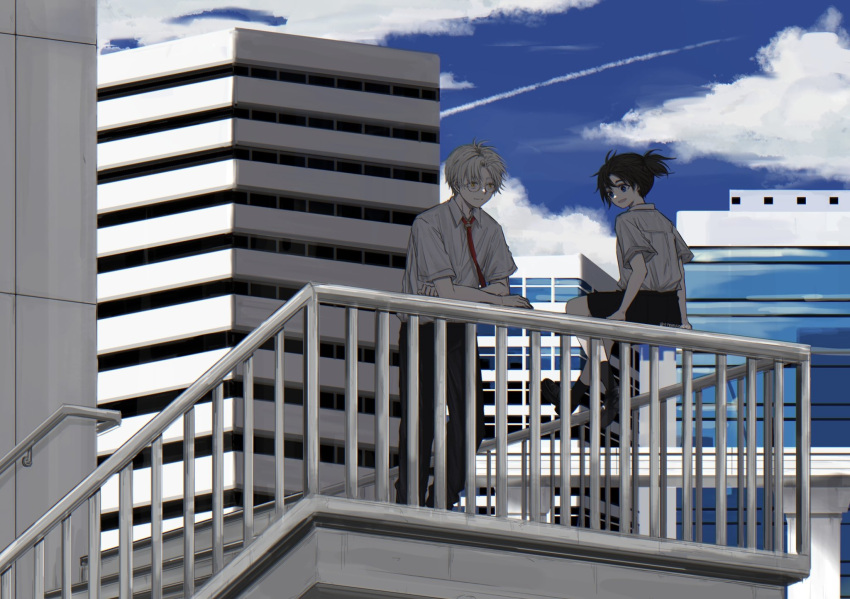 1boy, 1girl, black_footwear, black_pants, blonde_hair, blue_eyes, blue_sky, brown_hair