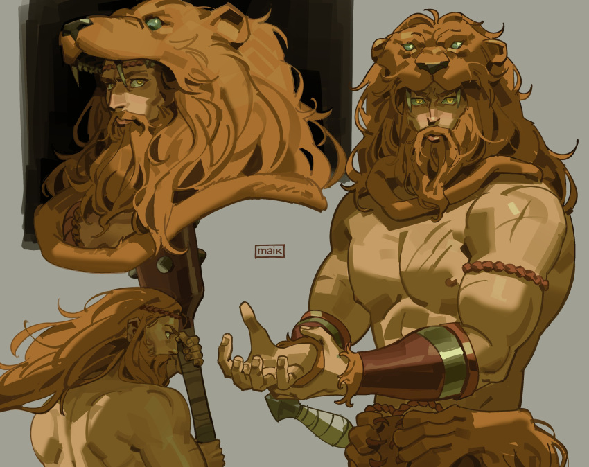 1boy, absurdres, beard, connected_beard, cross_scar, facial_hair, full_beard, hades_(series), hades_2, heracles_(hades), highres, holding, holding_weapon, lion, lion_hood, lion_paw, long_beard, long_hair, looking_at_viewer, maik_check, male_focus, mature_male, multiple_views, muscular, muscular_male, mustache, nipples, orange_hair, pectorals, scar, thick_beard, thick_mustache, topless_male, weapon, yellow_eyes