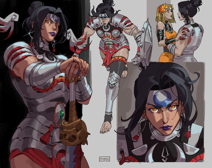 2girls, absurdres, ancient_greek_clothes, armor, black_hair, blonde_hair, dress, earrings