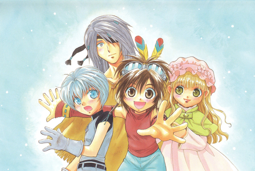 +anima, 1girl, 2000s_(style), 3boys, :d, black_shirt, blue_background, blue_eyes