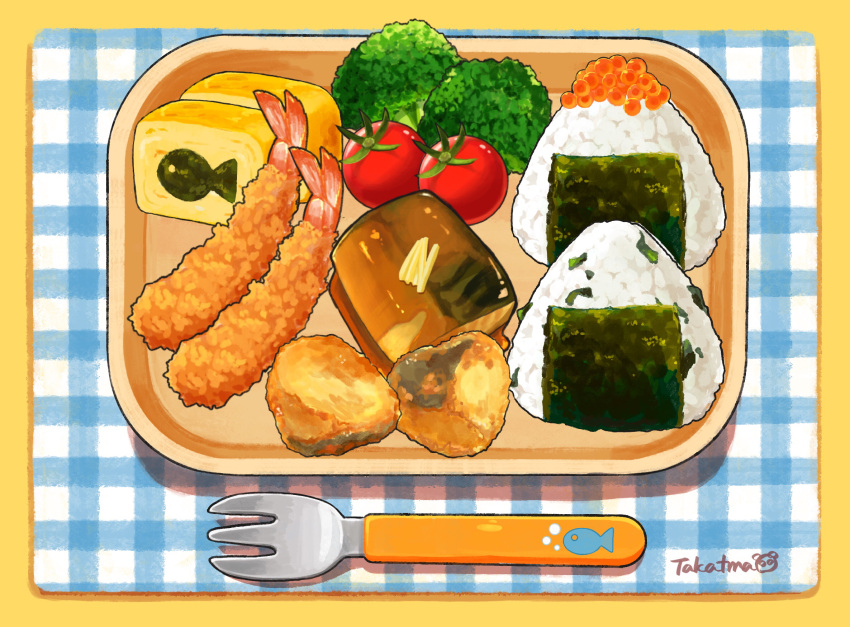 bento, broccoli, cherry_tomato, fish_(food), food, food_focus, fork, gamorangetana, highres, ikura_(food), no_humans, onigiri, original, rice, shrimp, shrimp_tempura, tempura, tomato, vegetable