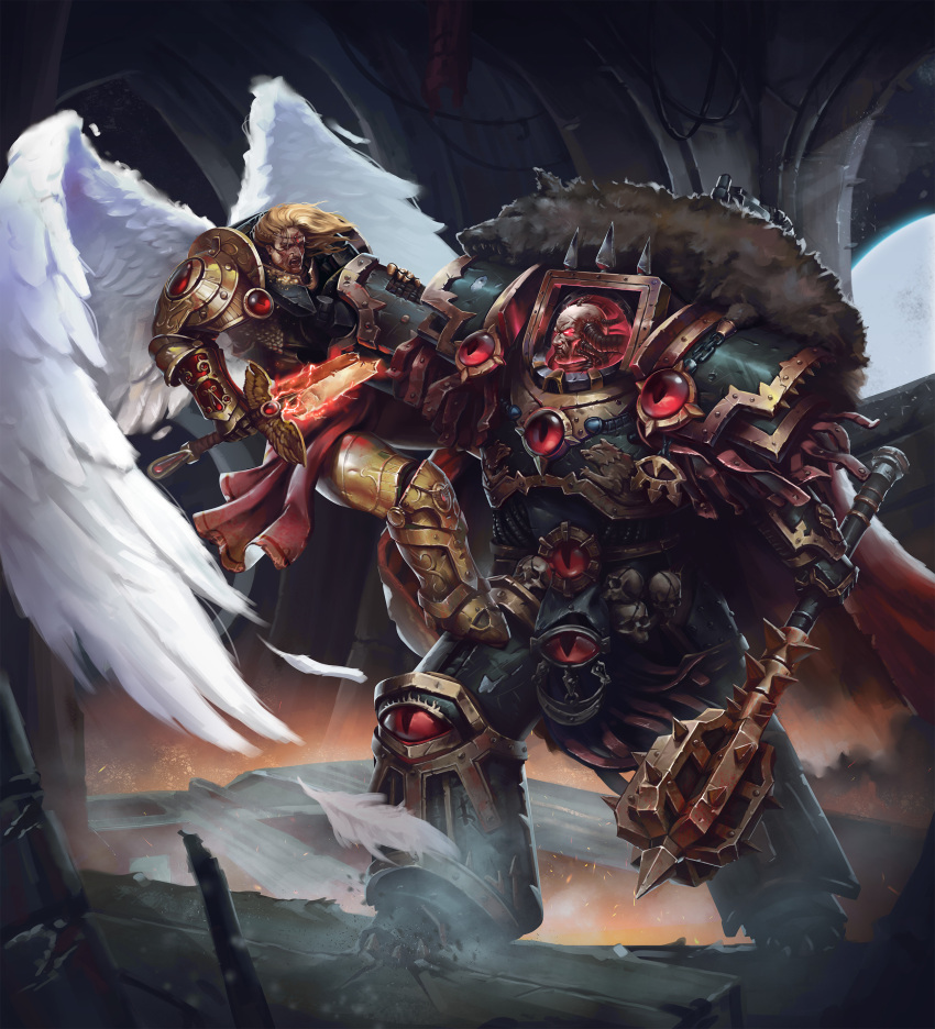2boys, absurdres, angel_wings, armor, bald, black_armor, blade_encarmine, blonde_hair, breastplate, chain, chaos_(warhammer), eyes_of_horus_(warhammer_40k), forehead_jewel, gauntlets, gem, glowing, glowing_eyes, gold, gold_armor, gold_trim, grohgrog, highres, holding, holding_weapon, horus_lupercal, jewelry, lifting_person, long_hair, multiple_boys, ornate_armor, pauldrons, pelt, power_armor, primarch, red_eyes, red_gemstone, regalia_resplendent, sanguinius, shoulder_armor, skull, slit_pupils, strangling, sword, terminator_armor, tube, warhammer_40k, weapon, white_wings, wings, wolf_pelt, worldbreaker_(warhammer_40k)