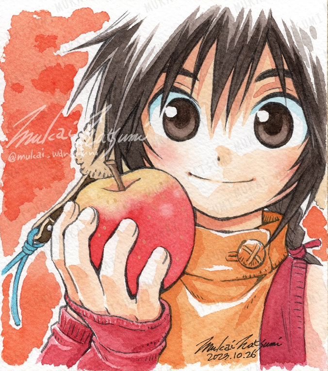 +anima, apple, braid, brown_eyes, brown_hair, child, detached_sleeves, dot_nose