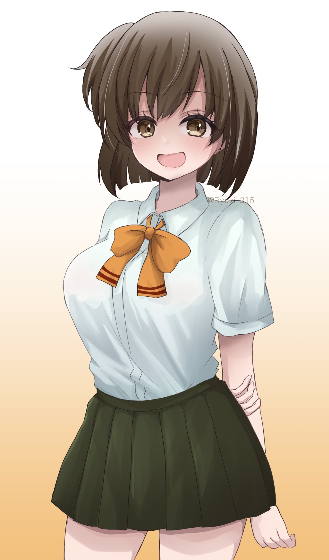 1girl, arms_behind_back, ascot, breasts, brown_eyes, brown_hair, cowboy_shot, green_skirt, highres, hiryuu_(kancolle), kantai_collection, large_breasts, medium_hair, orange_ascot, orange_background, ryouki_(ryoki_215), school_swimsuit, shirt, short_hair, short_sleeves, side_ponytail, skirt, smile, swimsuit, white_shirt