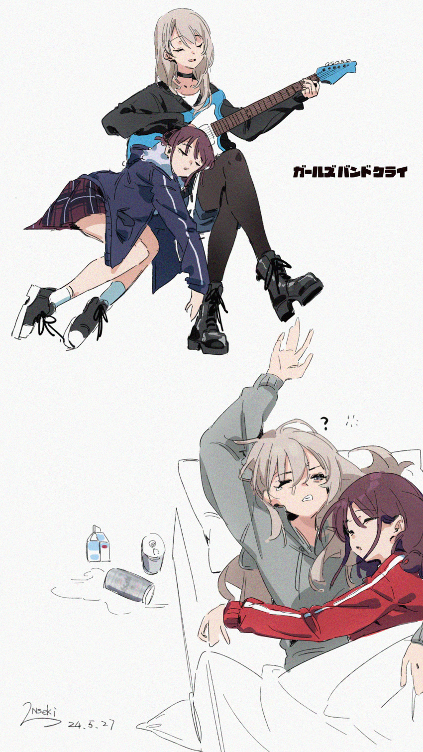 2girls, ?, absurdres, beer_can, black_footwear, black_pantyhose, black_shirt, blue_jacket