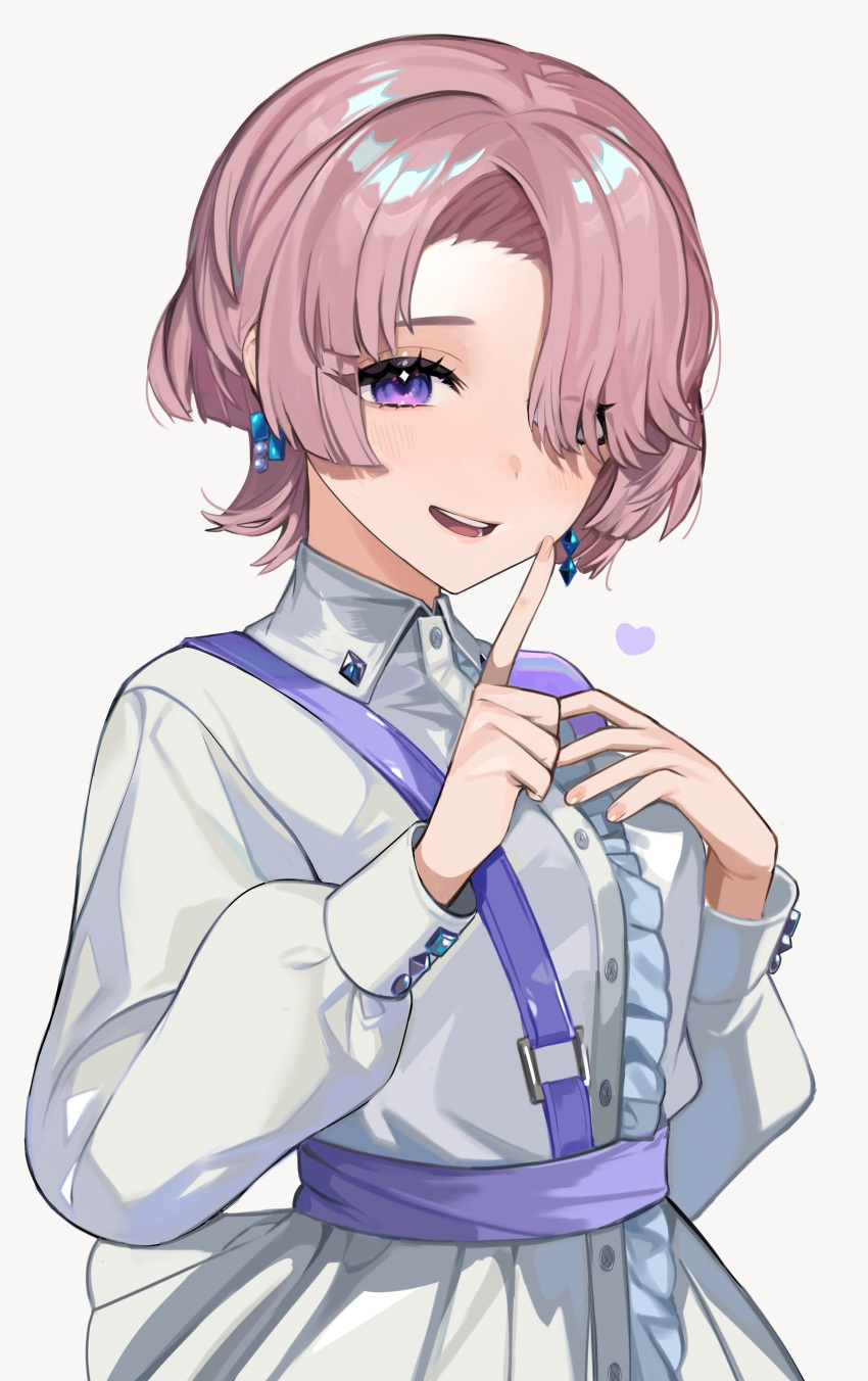 1girl, absurdres, arimura_mao, asymmetrical_bangs, blush, commentary_request, dress, earrings