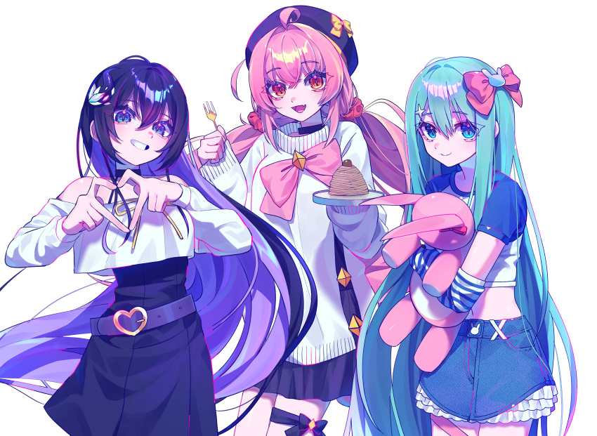 +_+, 3girls, :d, absurdres, ahoge, aqua_hair, arisa_(charon_universe), arm_warmers, bare_shoulders, belt, beret, black_bow, black_choker, black_dress, black_hair, black_hat, black_ribbon, black_skirt, black_sleeves, blue_eyes, blue_skirt, bow, breasts, buckle, charon_universe, choker, closed_mouth, colored_inner_hair, commentary_request, cowboy_shot, crop_top, crop_top_overhang, cropped_shirt, crossed_bangs, denim, denim_skirt, double-parted_bangs, dress, ellie_(charon_universe), eris_(charon_universe), fang, floating_hair, food_request, fork, frilled_skirt, frills, grin, hair_between_eyes, hair_bow, hair_intakes, hair_ornament, hair_scrunchie, halterneck, hat, hat_bow, head_tilt, heart, heart-shaped_buckle, heart_hands, highres, holding, holding_fork, holding_stuffed_toy, holding_tray, large_breasts, layered_skirt, leg_ribbon, long_hair, long_sleeves, looking_at_viewer, low_twintails, midriff, miniskirt, multicolored_eyes, multicolored_hair, multiple_girls, navel, niwatonira, open_mouth, overskirt, pink_bow, pink_hair, pink_ribbon, purple_belt, purple_hair, rabbit_hair_ornament, raglan_sleeves, raised_eyebrows, red_bow, red_eyes, red_scrunchie, ribbon, scrunchie, shirt, short_sleeves, sidelocks, simple_background, skin_fang, skirt, sleeves_past_wrists, smile, standing, star_(symbol), star_hair_ornament, straight_hair, striped_arm_warmers, stuffed_animal, stuffed_rabbit, stuffed_toy, sweater, teeth, thick_eyelashes, thigh_ribbon, tray, twintails, very_long_hair, violet_eyes, virtual_youtuber, white_arm_warmers, white_background, white_shirt, white_skirt, white_sweater, yellow_bow, yellow_ribbon