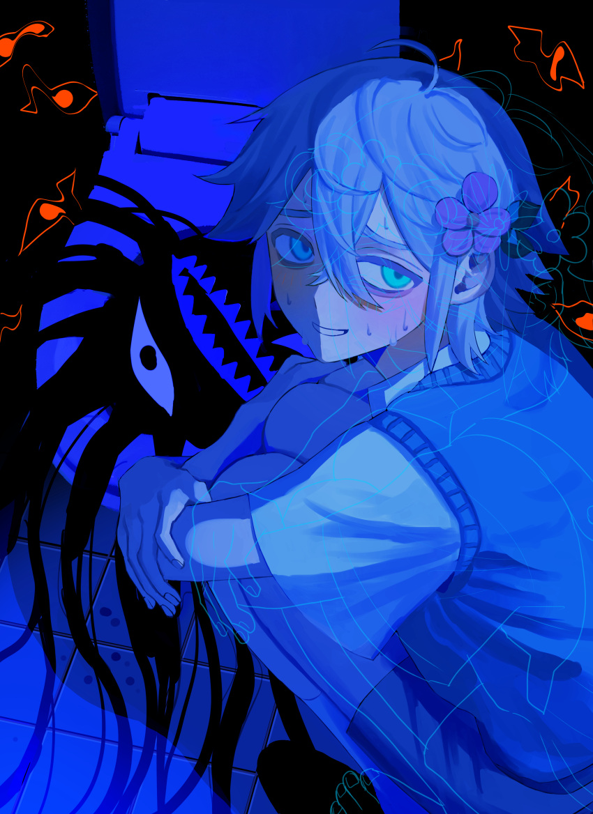 1boy, absurdres, antenna_hair, basil_(faraway)_(omori), basil_(omori), blue_eyes, blue_theme, blush