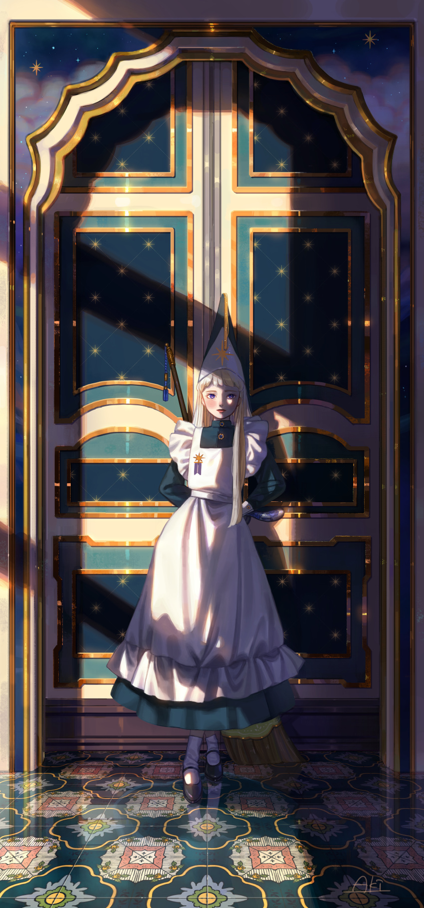 1girl, absurdres, aki_a0623, apron, arms_behind_back, artist_name, black_footwear, blonde_hair