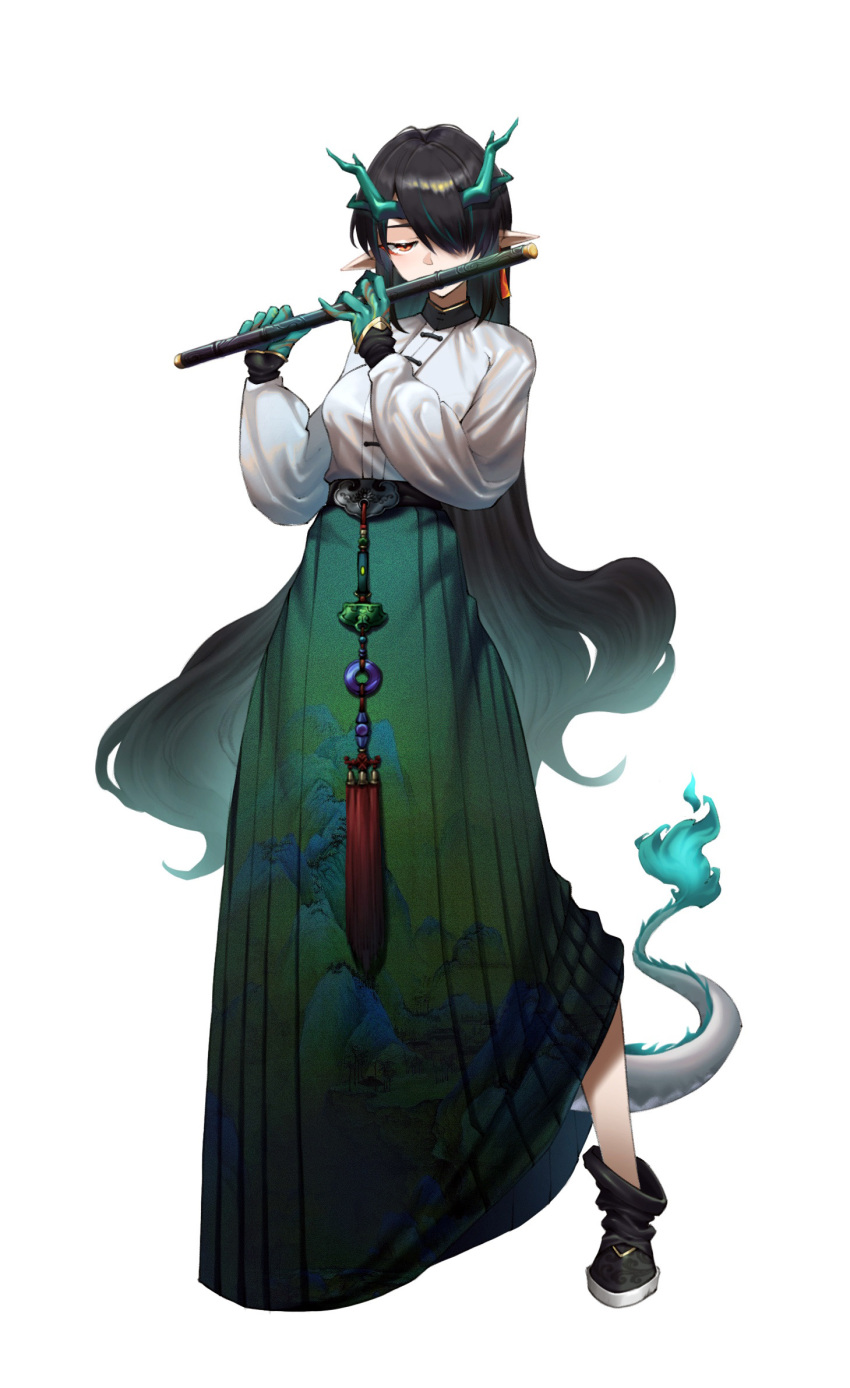 1girl, alternate_costume, arknights, black_hair, chinese_clothes, chinese_commentary, colored_extremities, commentary_request