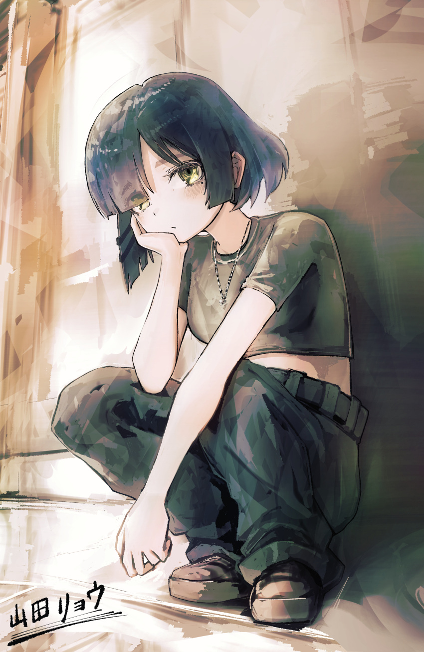 1girl, absurdres, belt, black_pants, blue_hair, bob_cut, bocchi_the_rock!, chumji, commentary, grey_hair, hand_on_own_cheek, hand_on_own_face, head_rest, head_tilt, highres, jewelry, light_blush, looking_at_viewer, midriff, necklace, pants, raised_eyebrows, shirt, shoes, short_hair, signature, solo, squatting, yamada_ryo, yellow_eyes