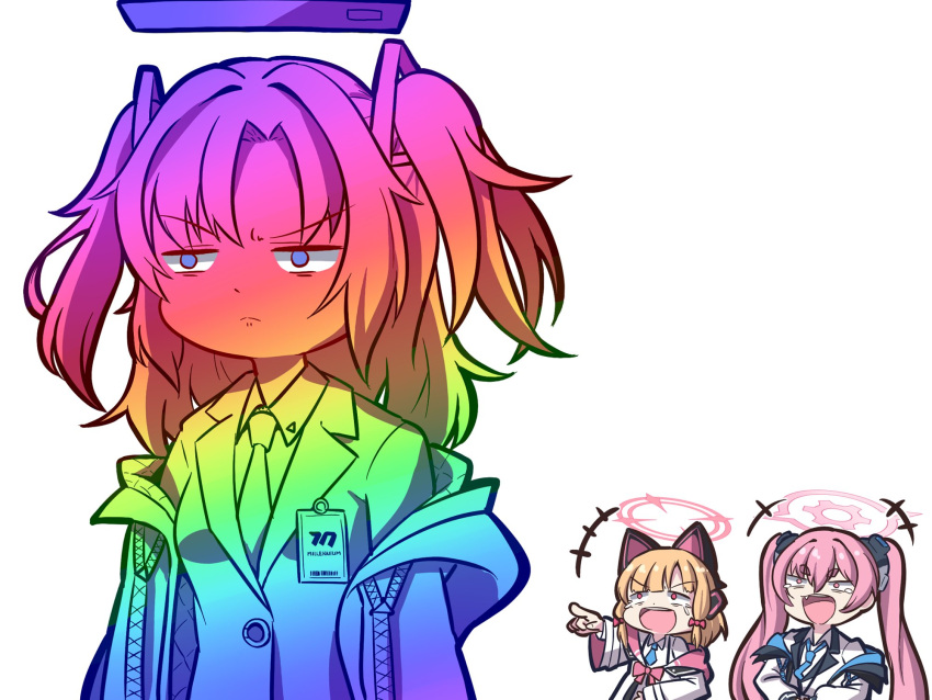 3girls, :d, alternate_color, animal_ear_headphones, animal_ears, annoyed, blazer, blonde_hair