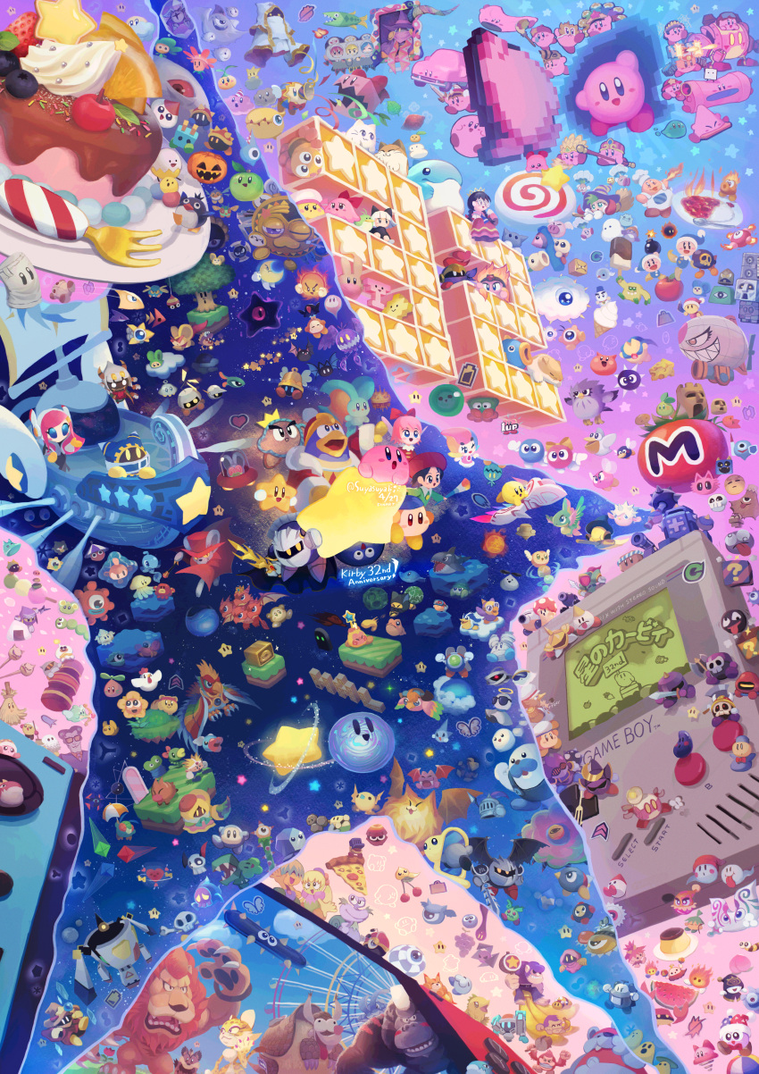 absurdres, acro_(kirby), adeleine, anniversary, apple, axe_knight_(kirby), banana, bandana