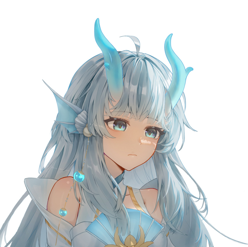 1girl, absurdres, ahoge, anyue_chao, blue_eyes, blue_hair, detached_sleeves, eastern_dragon_horns