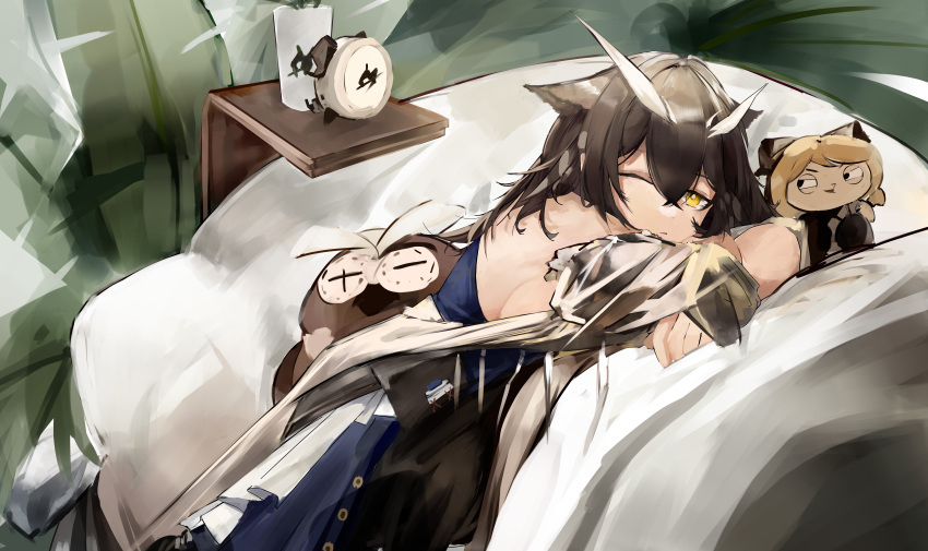 1girl, absurdres, arknights, bare_shoulders, bird_girl, brown_hair, character_doll, dress, feather_hair, hair_between_eyes, highres, ifrit_(arknights), long_hair, lounging, one_eye_closed, owl_girl, plant, potted_plant, rhine_lab_(arknights), silence_(arknights), silence_the_paradigmatic_(arknights), silence_the_paradigmatic_(habitat)_(arknights), solo, stuffed_animal, stuffed_toy, yellow_eyes, zellyn-zhou