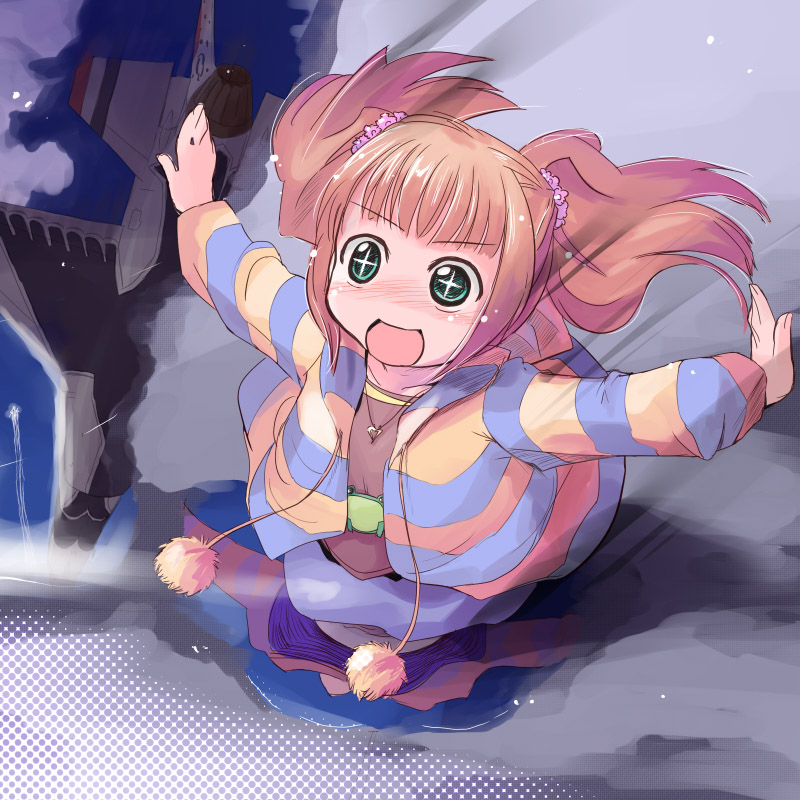 airplane, brown_hair, cloud, clouds, f-16, flying, green_eyes, idolmaster