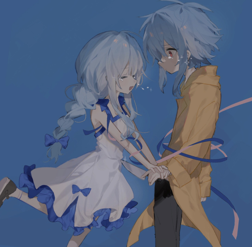 1boy, 1girl, black_pants, blue_background, blue_hair, braid, breasts, brother_and_sister