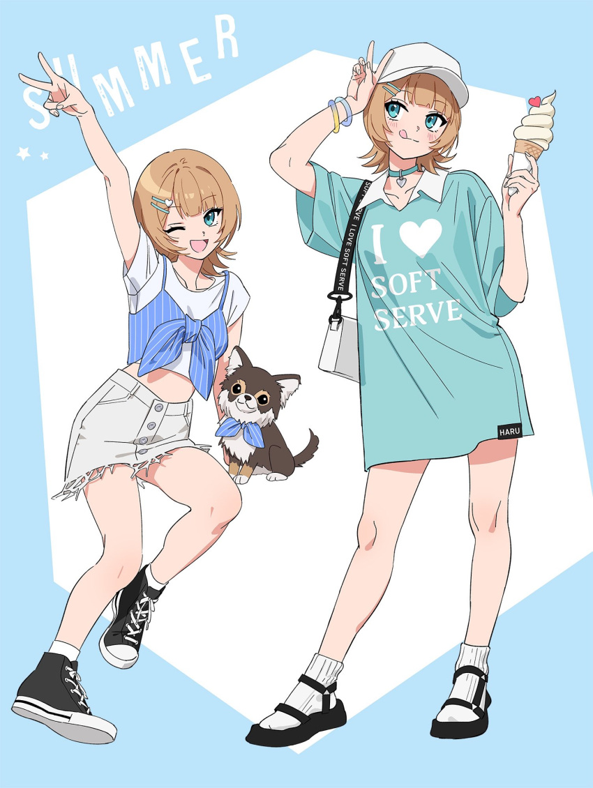 1girl, baseball_cap, blue_eyes, food, full_body, hat, highres, looking_at_viewer
