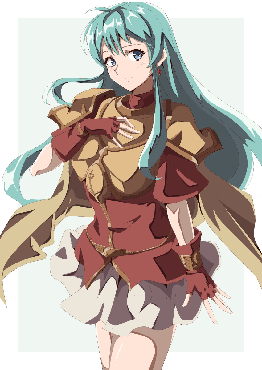 1girl, absurdres, aqua_eyes, aqua_hair, armor, breastplate, closed_mouth, cowboy_shot