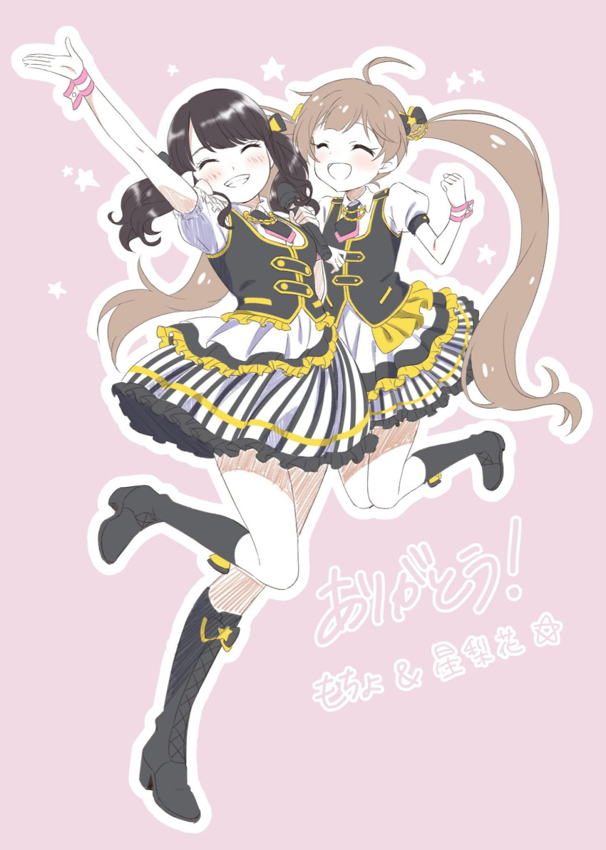 2girls, :d, ahoge, animification, arm_up, asakura_momo, black_bow, black_footwear, black_jacket, black_necktie, blush, boots, bow, breasts, brown_hair, clenched_hand, closed_eyes, collared_dress, commentary_request, cross-laced_footwear, dress, facing_viewer, footwear_bow, frilled_dress, frills, full_body, goma_konbu, grin, hair_bow, hakozaki_serika, hand_up, hatching_(texture), highres, holding, holding_microphone, idolmaster, idolmaster_million_live!, jacket, jumping, knee_boots, layered_dress, light_brown_hair, long_hair, matching_outfits, medium_breasts, medium_hair, microphone, multicolored_clothes, multicolored_dress, multiple_girls, necktie, open_mouth, outline, petticoat, pink_background, pink_necktie, pink_wrist_cuffs, puffy_short_sleeves, puffy_sleeves, real_life, short_necktie, short_sleeves, simple_background, small_breasts, smile, standing, standing_on_one_leg, striped_clothes, striped_dress, swept_bangs, thick_eyelashes, translation_request, twintails, very_long_hair, white_dress, white_outline, wrist_cuffs, yellow_bow