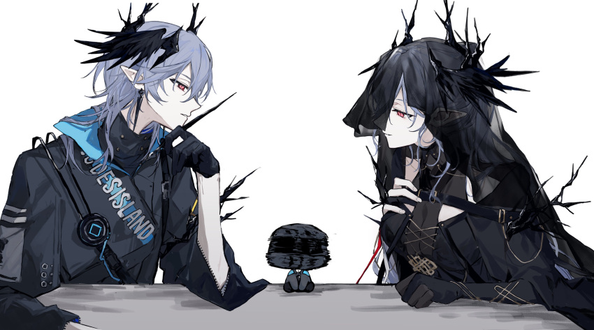 1boy, 1girl, 1other, absurdres, afterimage, arknights, black_gloves, blue_hair