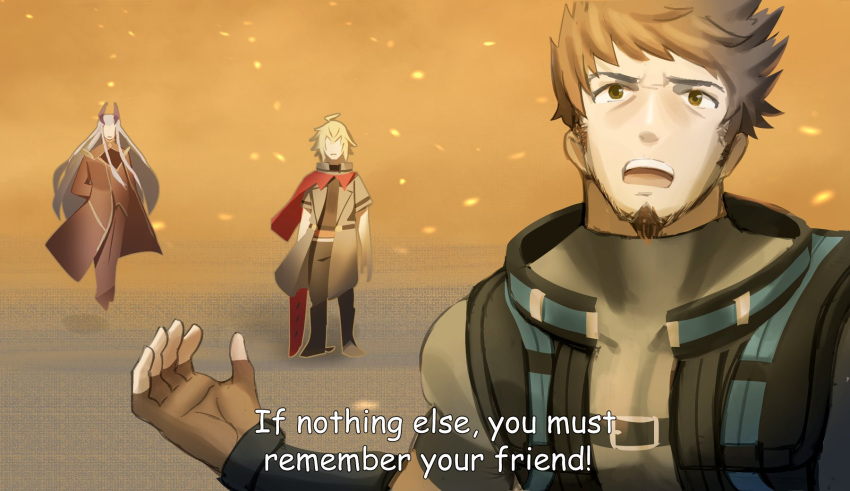 3boys, ahoge, beard, blonde_hair, brown_eyes, brown_hair, english_text, facial_hair