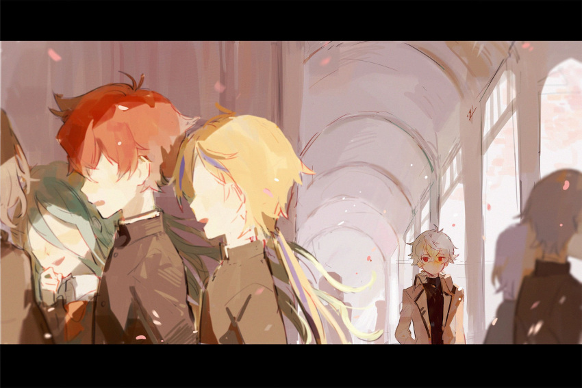3girls, 4boys, bacheally, black_border, black_hair, black_jacket, black_shirt, black_sweater