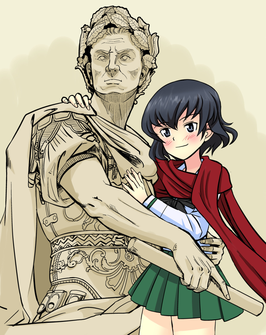 armor, black_eyes, black_hair, black_neckerchief, blush, caesar_(girls_und_panzer), girls_und_panzer, green_skirt