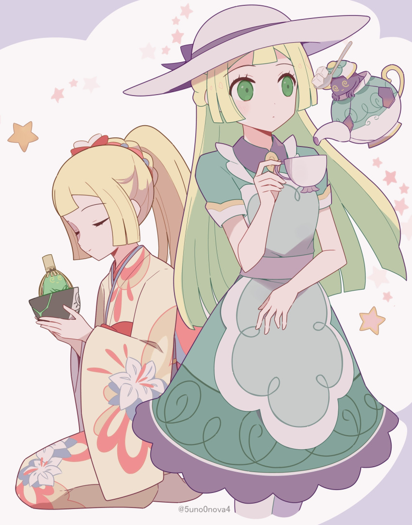 2girls, 343rone, absurdres, apron, blonde_hair, cup, dress, dual_persona